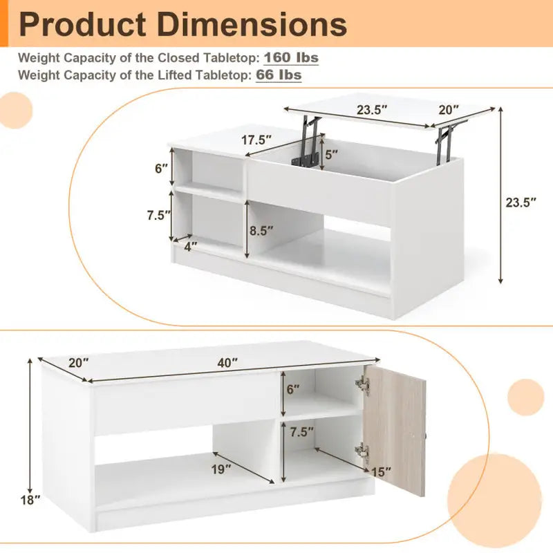 White Lift-Top Coffee Table with storage and 200 lbs weight capacity for versatile use