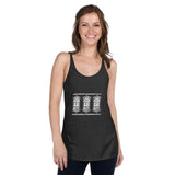 Black Racerback Tank with beer can designs and raw edge seams for a stylish look