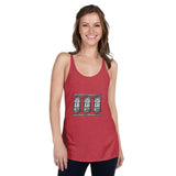 Red Racerback Tank with three beer can designs and raw edge seams for a trendy look