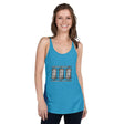 Bright turquoise racerback tank top with beer can graphics and raw edge seams