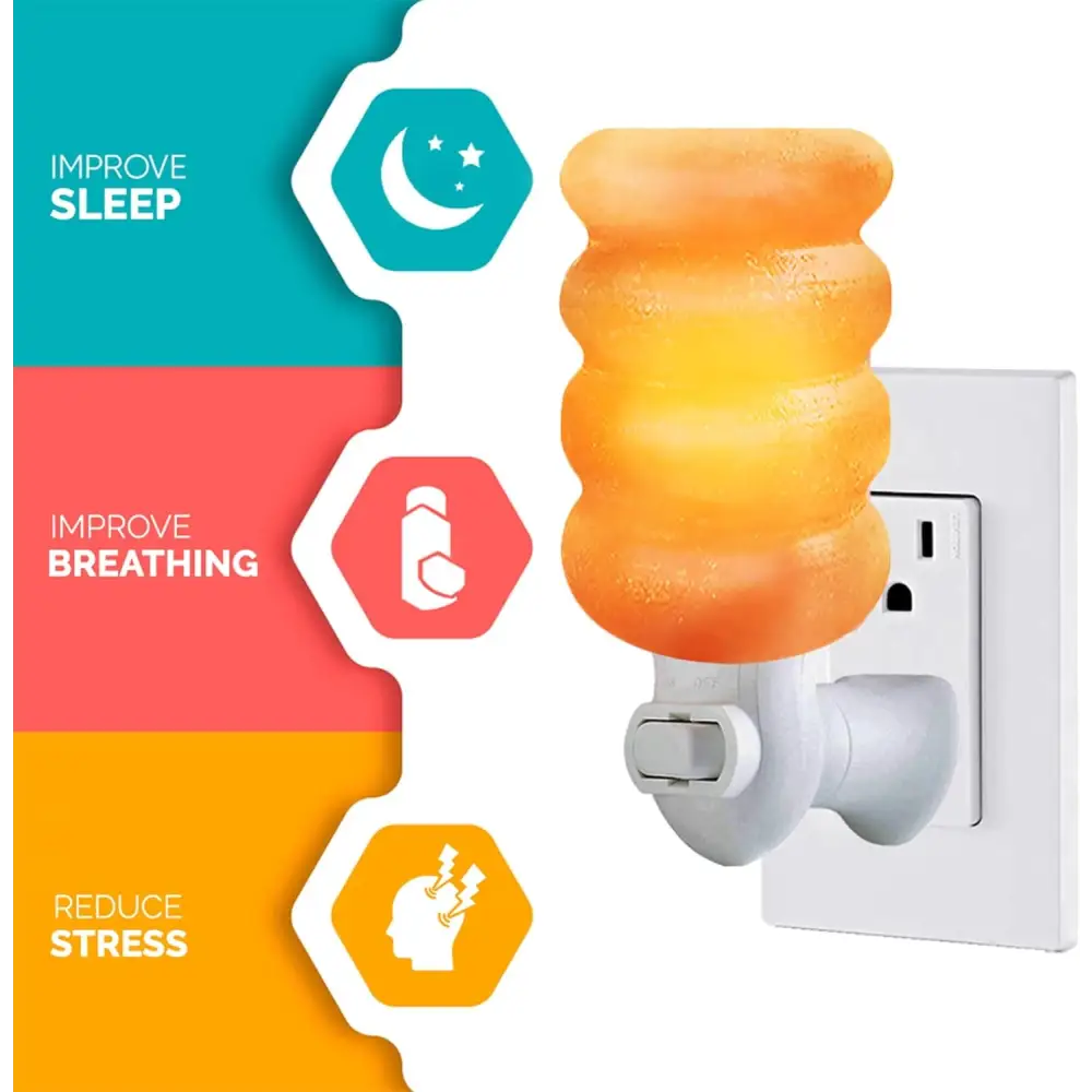 Himalayan salt night light plugged into outlet on Wooden Headboard Bed