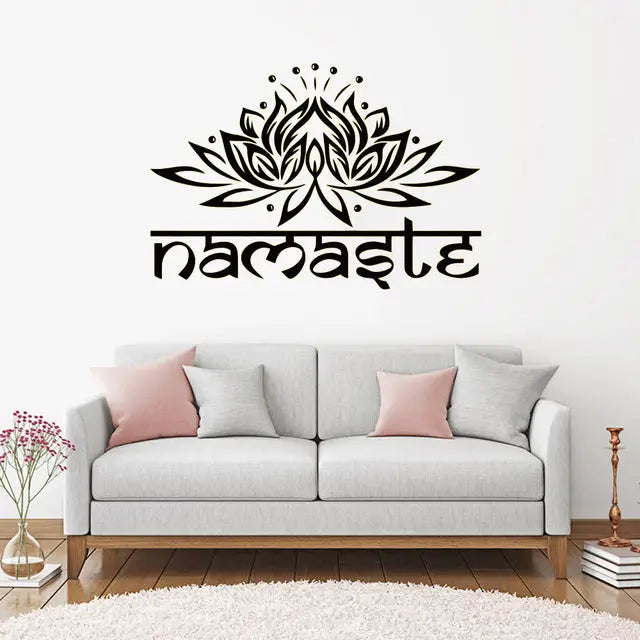 Black lotus flower Namaste wall art vinyl sticker with decorative Sanskrit lettering