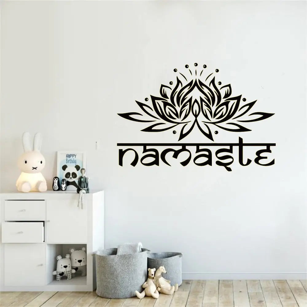 Black lotus flower Namaste wall art decal with decorative Sanskrit lettering