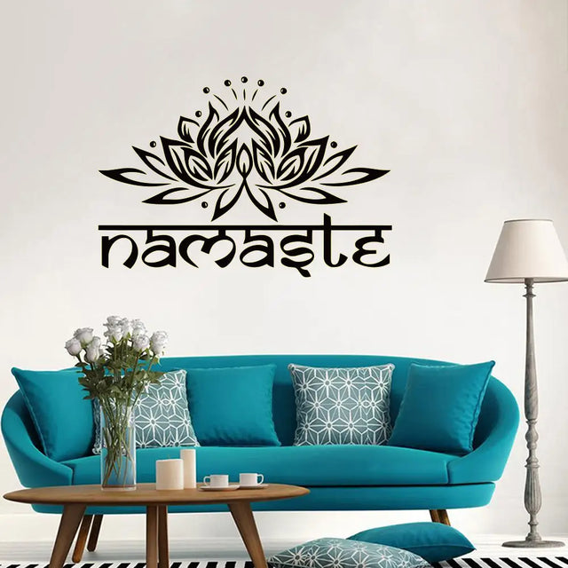 Black Lotus-themed Namaste wall art vinyl sticker with decorative Sanskrit lettering