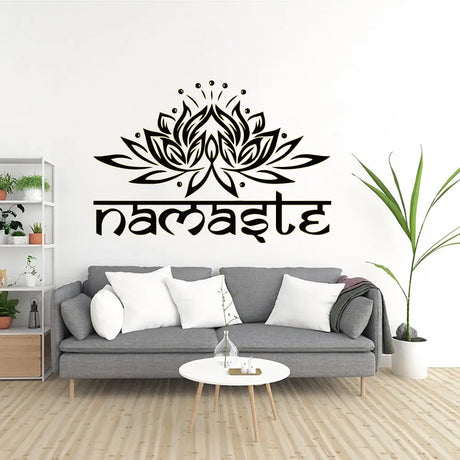 Black lotus flower wall art decal with Namaste in Sanskrit lettering for yoga decor