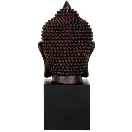 Bronze Buddha head statue on black base for elegant home decor and serene spaces