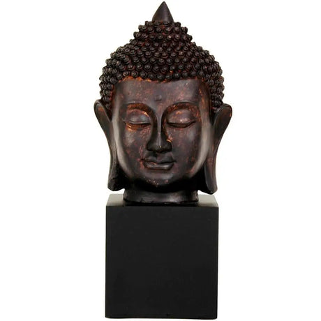 Dark brown Buddha head statue with textured hair on a black base for serene decor