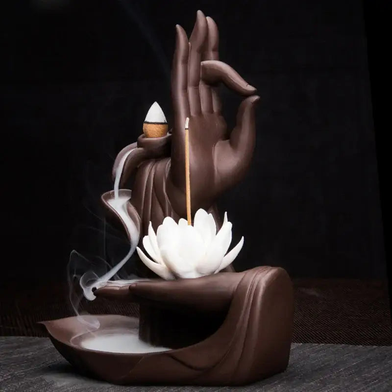 Ceramic Buddha Hand Backflow Incense Burner with Lotus Flower and Flowing Smoke